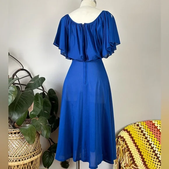 Vintage 70’s Young Edwardian Royal Blue Angel Sleeve Sheer Midi Dress - Picture 11 of 14